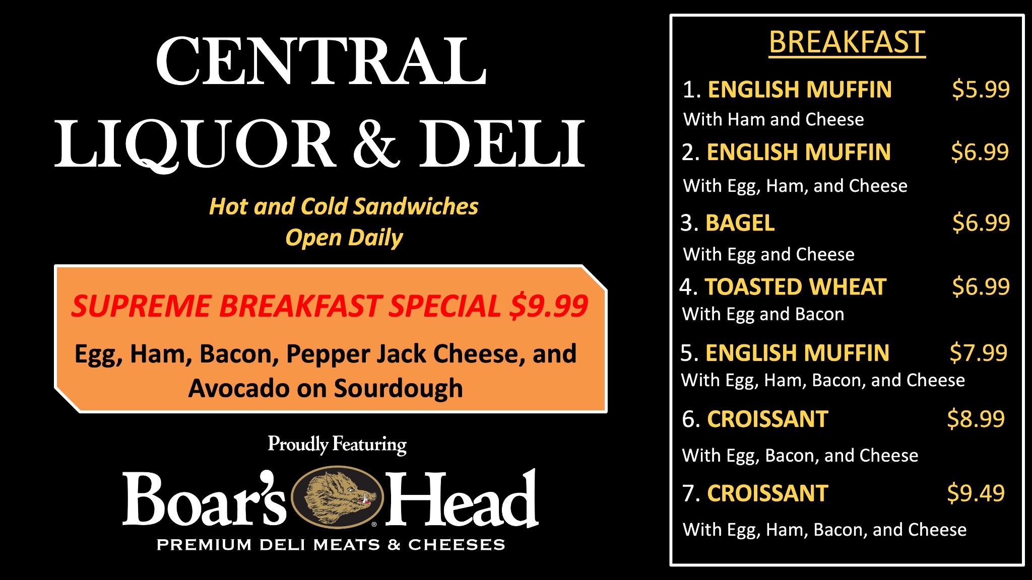Central Liquor & Deli — Breakfast Menu